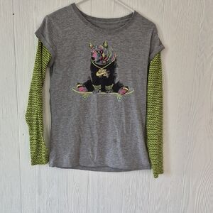 Nike Gray Shirt with Neon Green Sleeves and Cat Design